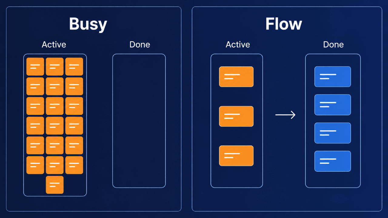 Diagram dat een druk portfolio met veel actieve items vergelijkt met een flow-gericht portfolio met minder afgeronde items.