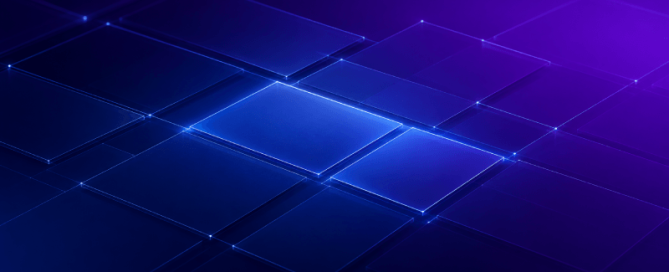 Abstracte blauwe en paarse geometrische rasterstructuur van verlichte overlappende panelen op een donkere achtergrond.
