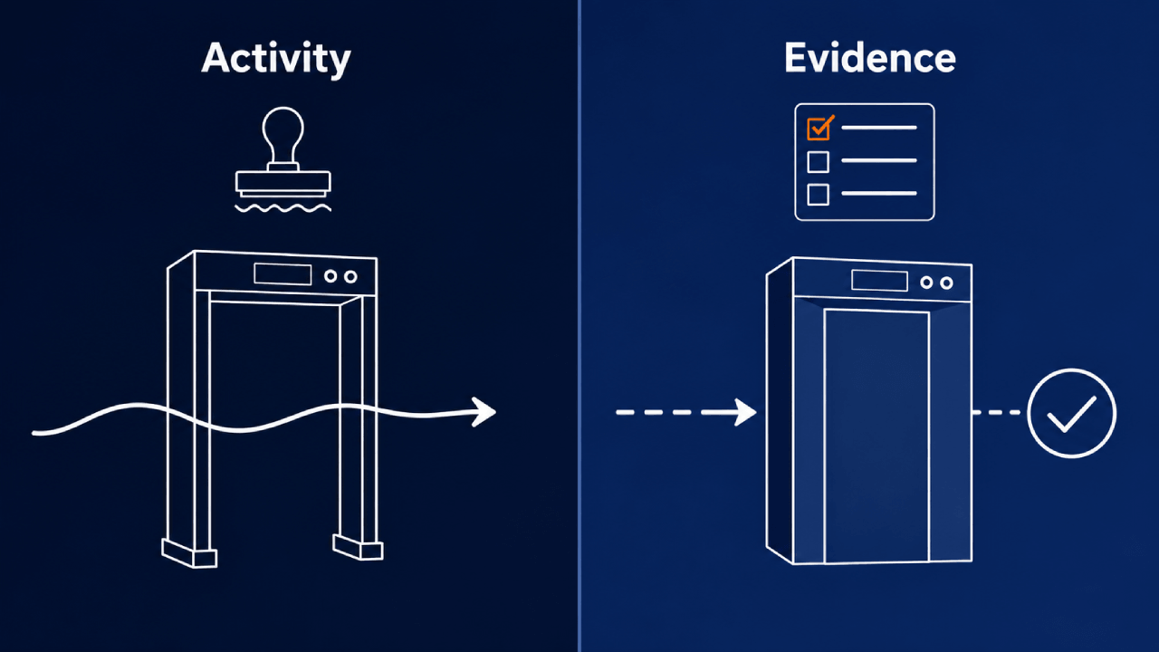 Tweepanelen infographic die een open activiteitspoort links vergelijkt met een op bewijs gebaseerde poort rechts.