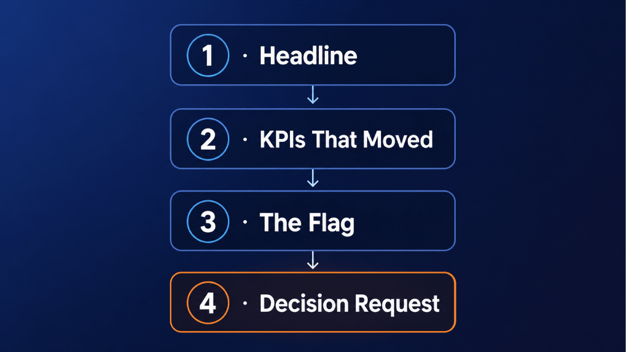 Diagram dat illustreert hoe je een innovatierapport van één pagina presenteert aan executives