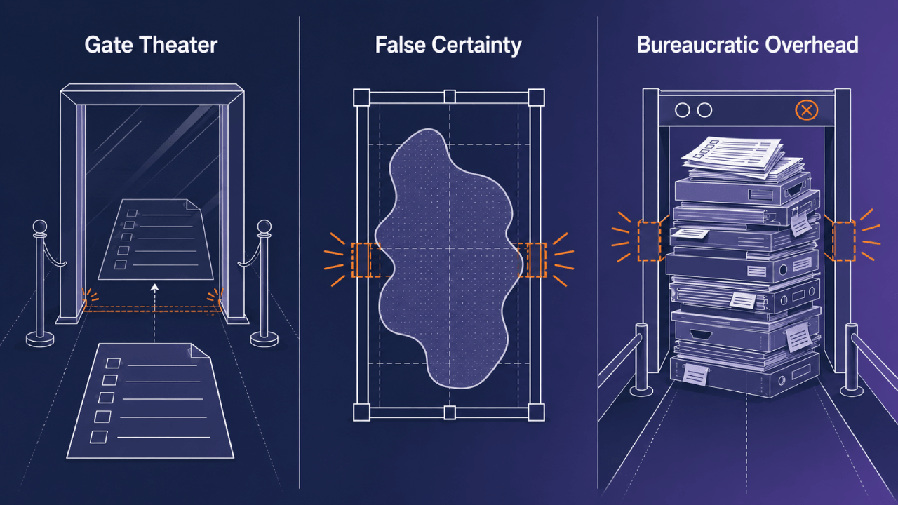 Infographic met drie faalfactoren van stage-gate-funnels: Gate Theater, Valse Zekerheid en Bureaucratische Overhead, elk weergegeven als een fysieke doorgang.