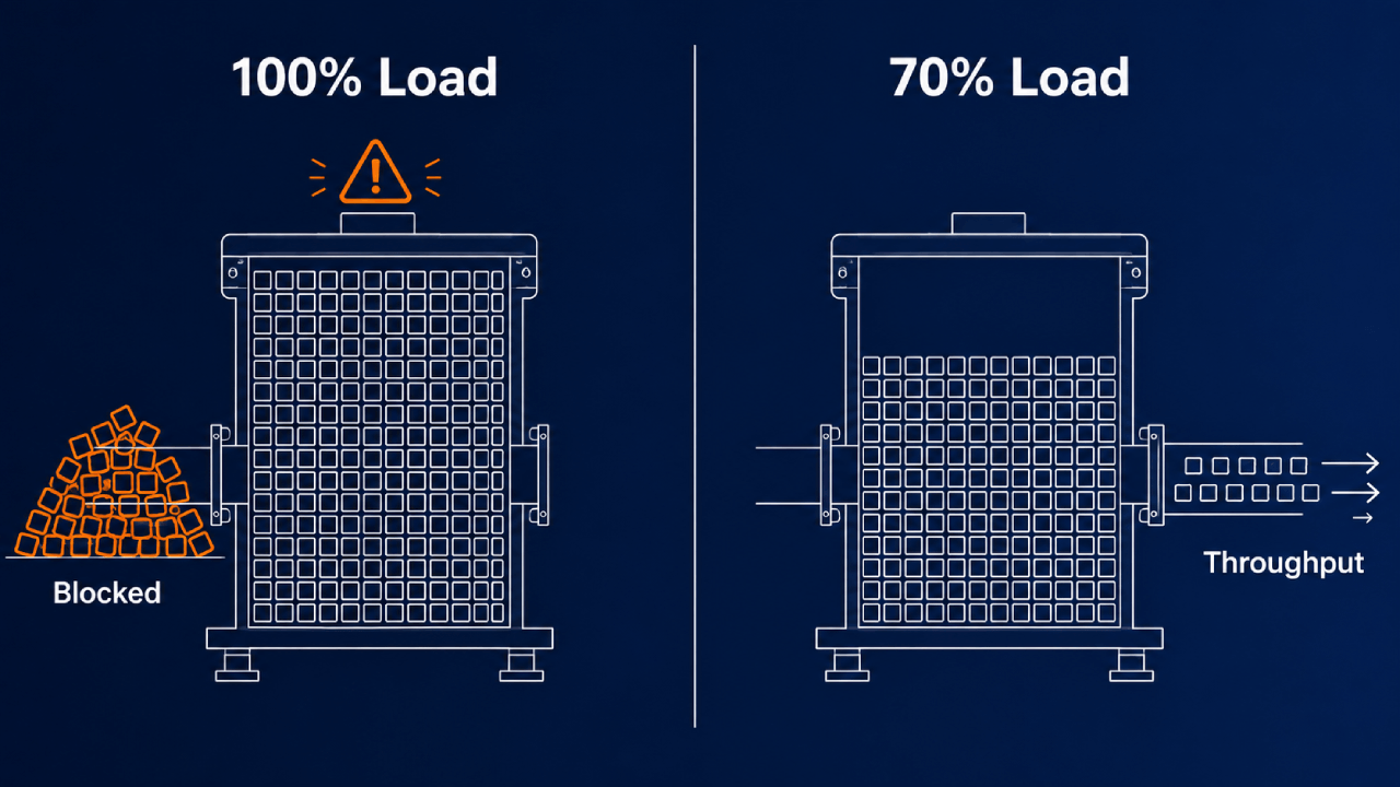 Diagram dat 100% systeembelasting met geblokkeerde uitvoer vergelijkt met 70% belasting waarbij items als doorvoer stromen.