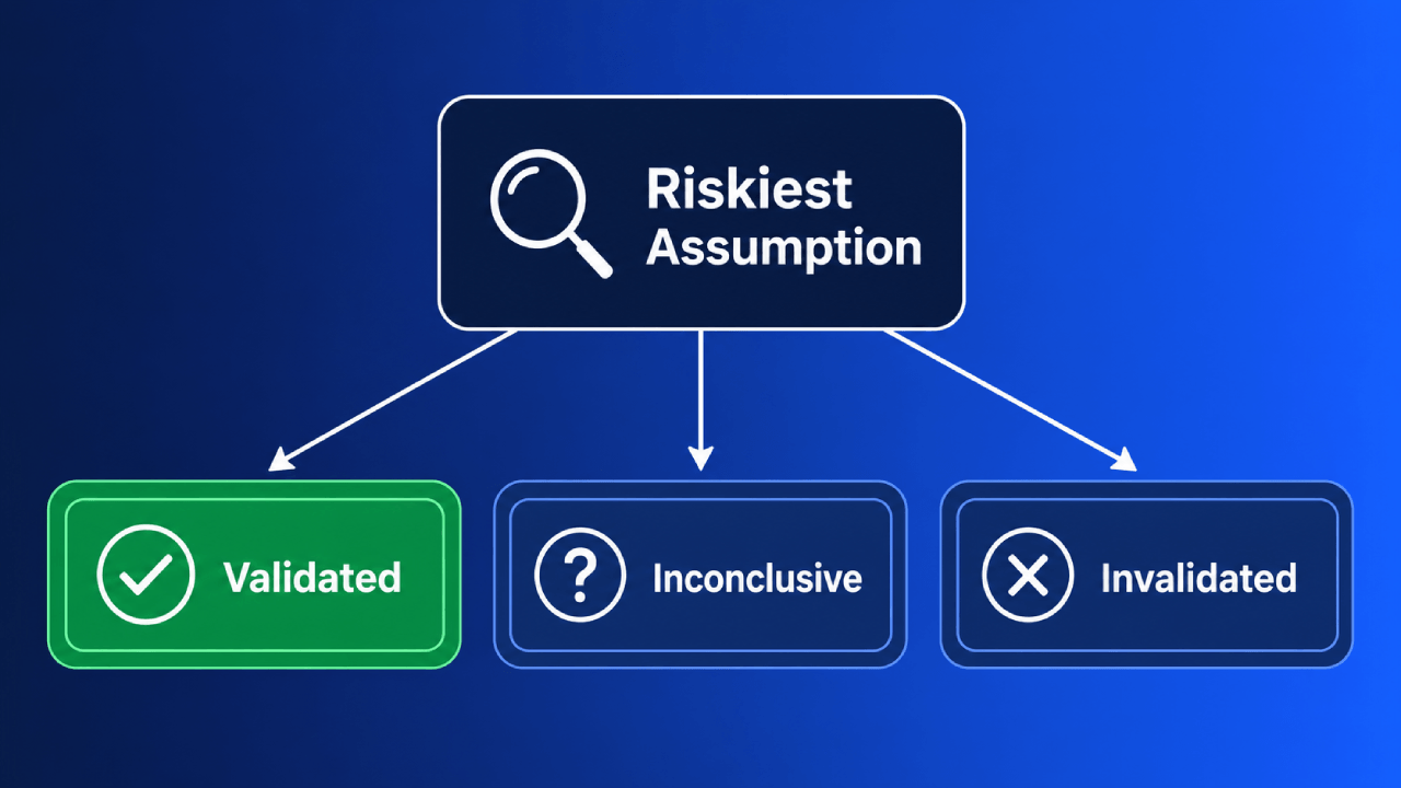 Vertakkingsdiagram met drie uitkomsten voor de riskantste aanname: Gevalideerd, Niet-conclusief of Ongeldig.