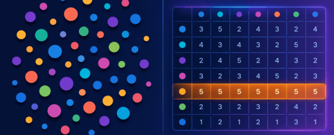 Bannerafbeelding die een chaotische dot-stemwand links contrasteert met een gestructureerd numeriek scoreraster rechts.