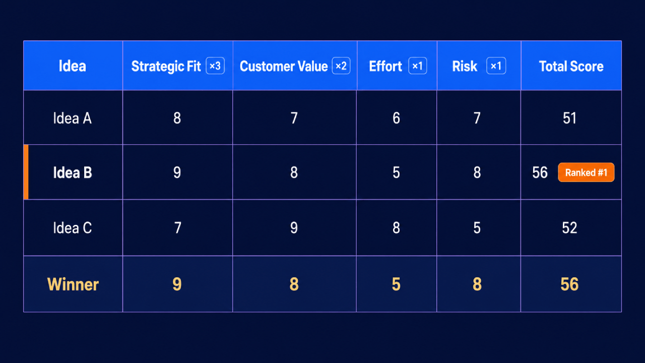 Gewogen scorekaart met scores van drie ideeën op vier gewogen criteria, waarbij Idee B wordt uitgelicht als het hoogst gerangschikte resultaat.