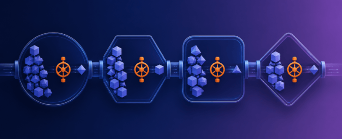 Illustratie van vier pijplijnkamers met blauwe blokken en oranje kleppconnectoren op een blauw-paarse achtergrond.