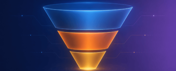 Een strakke abstracte illustratie van een gestructureerde funnel met drie opeenvolgende governance-poorten, die de drie regels vertegenwoordigen — eigenaarschap, SLA's en escalatie — die bepalen hoe ideeën door een innovatiepijplijn bewegen.