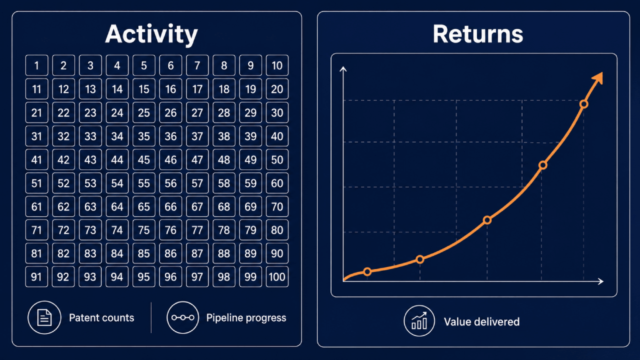 Infographic die een Activity-paneel met 100 genummerde telvakjes vergelijkt met een Returns-paneel met één stijgende waardecurve.