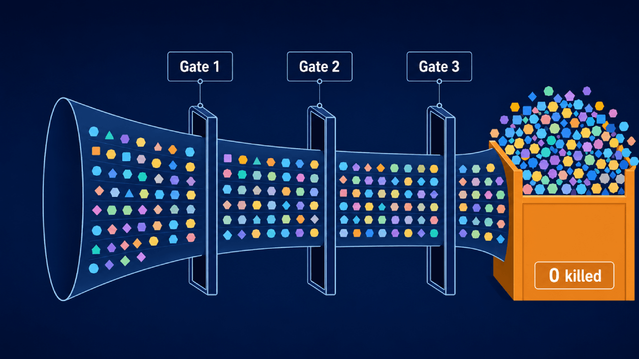 Infographic van een innovatiefunnel die door drie open gates naar een overvolle holdingpen met label 0 killed loopt.