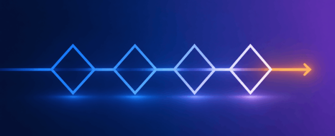 Abstracte banner met een stroomlijn die door vier open poorten gaat en versnelt in een oranje pijl.