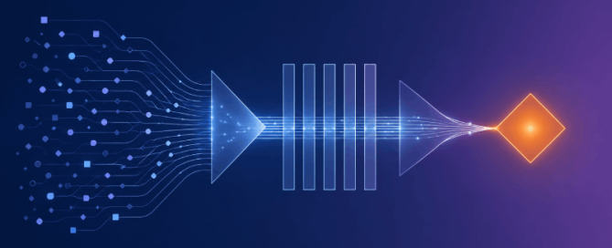 Abstracte banner waarin verspreide datapunten via fasen samenkomen tot één uitgelicht beslispunt.