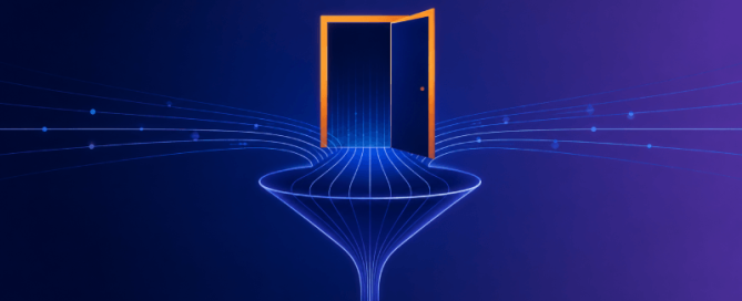Illustratie van een open deur boven een trechter met lichtstromen die erdoorheen vloeien, als symbool voor ideeën die een intaketrechter binnenkomen.