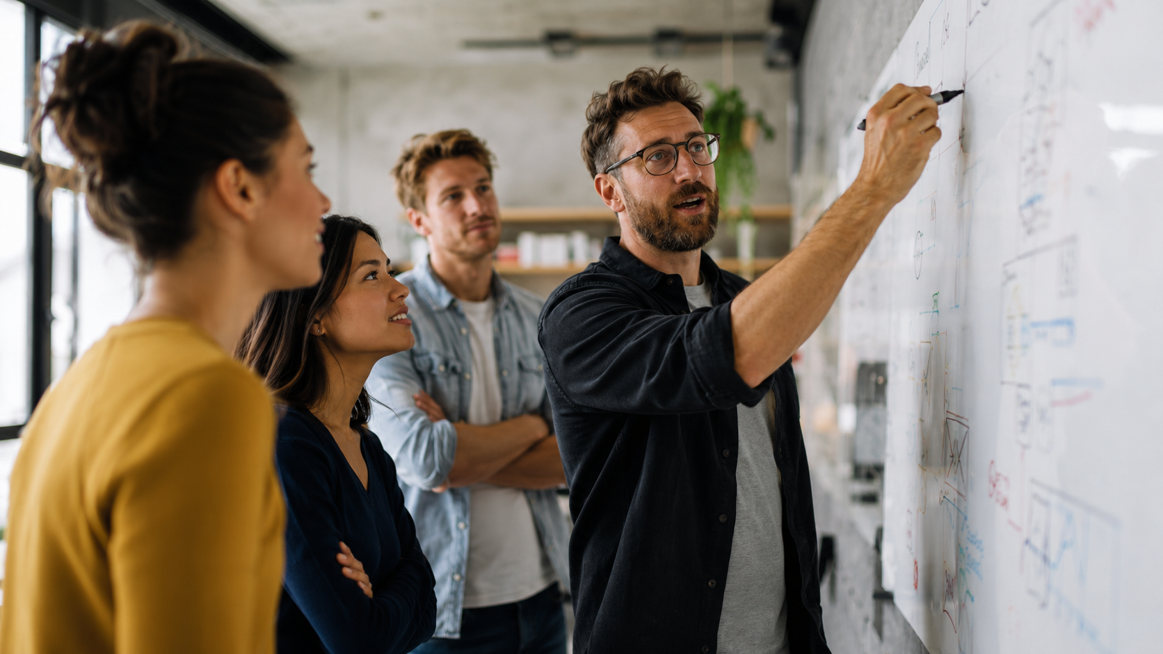 Team werkt samen aan een whiteboard om een innovatieaanpak vorm te geven