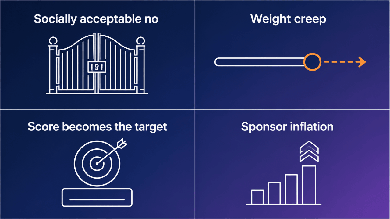 Infographic met vier faalpatronen: sociaal aanvaardbaar nee, wegingsdrift, score wordt doel, sponsorinflatie.