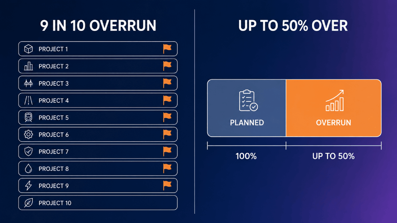 Infographic met negen van de tien megaprojecten gemarkeerd als overschrijding en een budgetbalk met tot 50% boven budget.