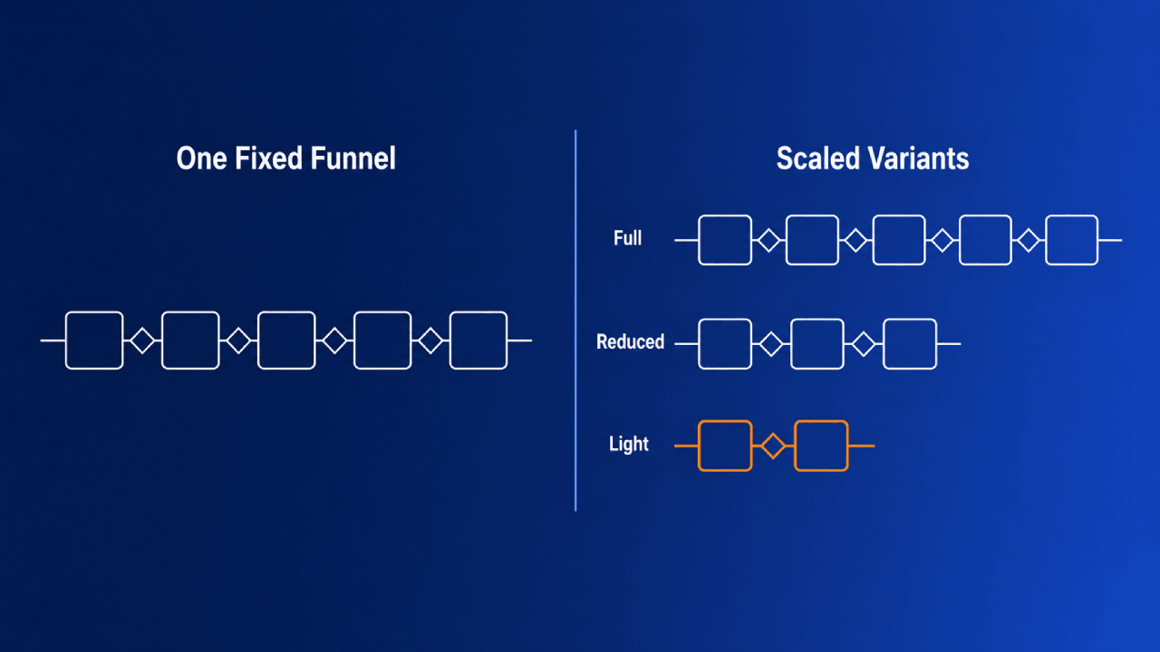 Diagram dat een vaste funnel van vijf fases afzet tegen varianten Full, Reduced en Light met steeds minder gates.