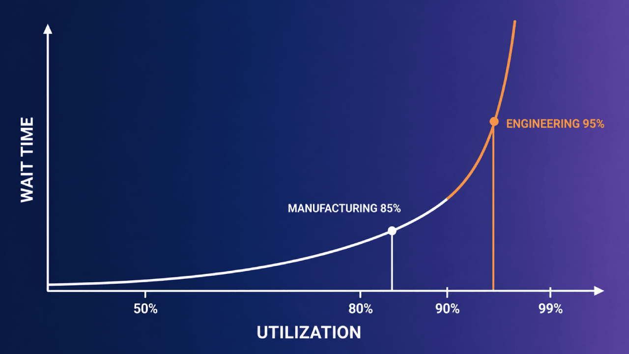 Lijndiagram van wachttijd tegen bezetting, met productie op 85% en engineering op 95% op de steile curve.