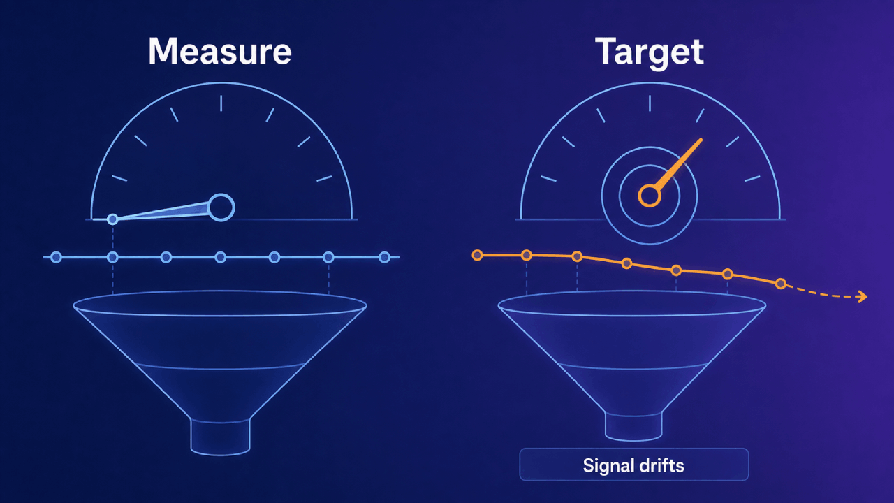 Twee toestanden van dezelfde meter, links met het label Measure waarbij de naald rust op een blauwe signaallijn die de funnel eronder volgt, rechts met het label Target waarbij de naald naar een roos is getrokken terwijl de oranje signaallijn wegloopt van de funnel, boven het bijschrift Signal drifts.
